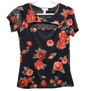 J For JUSTIFY sz Large Floral Black Red Women's Top Very Stretchy